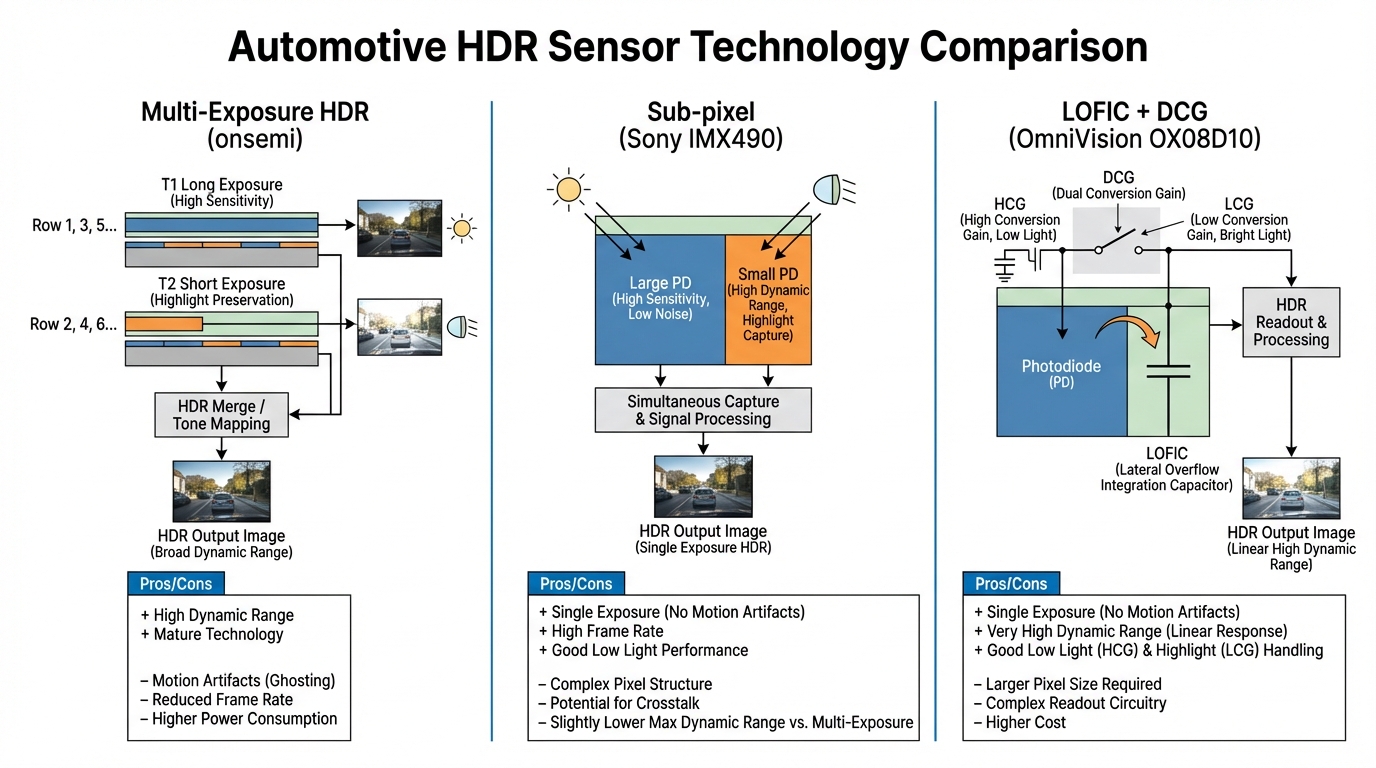 HDR 三种技术路线对比：多曝光合成（onsemi）vs Sub-pixel（Sony）vs LOFIC+DCG（OmniVision）