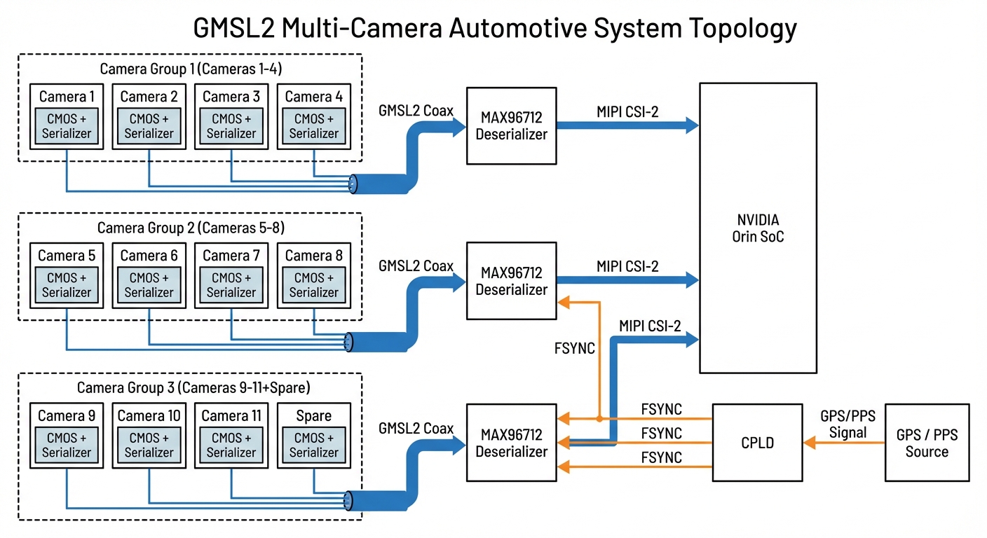 GMSL2 多路相机系统拓扑：3 组相机 × MAX96712 解串器 → Orin SoC，CPLD + GPS/PPS 的 FSYNC 触发链路